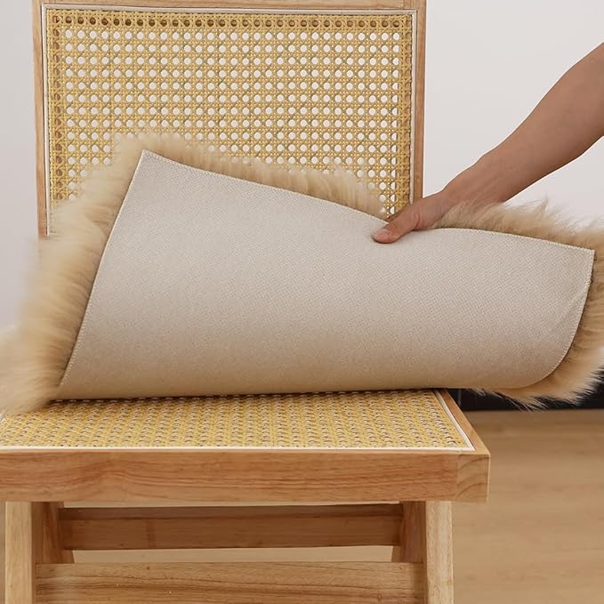 LLB Sheepskin Chair Cushion Non-Slip Back Square Genuine Fur Chair Cover Silky Natural Wool Seat Cushion Pad Soft Area Rugs Carpet for Home Office Restaurant Chair 18x18 Inch (Pack of 1), Tan