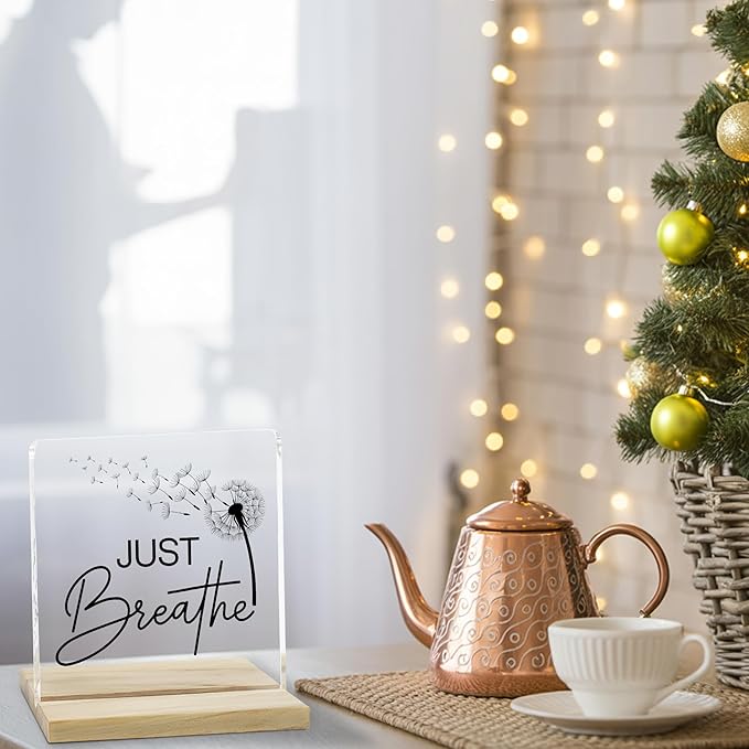 Just Breathe Desk Decor Sign, Inspirational Yoga Acrylic Decor for Home Office