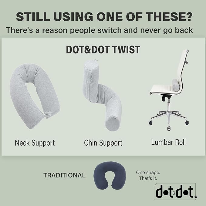Dot&Dot Twist Memory Foam Travel Pillow for Airplanes - Travel Neck Pillow for Sleeping - Airplane Pillow for Neck Support, Chin, Lumbar and Leg - Adjustable, Bendable Neck Roll Pillow