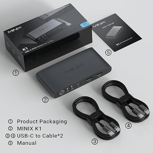 MINIX K1 USB C KVM Switch 1 Monitors 2 Computers, 4K@120Hz HDR, 100W PD 3.0, Dual USB-C Input KVM Switches, Share Keyboard & Mouse, Aluminum Design, Compatible with Windows, Mac, Linux, Android