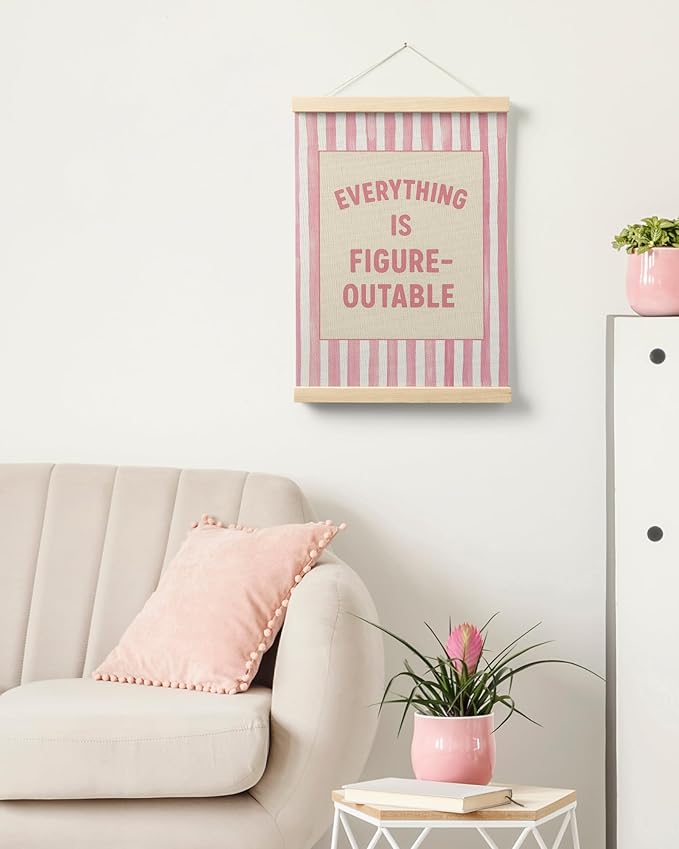 FGFK Preppy Pink Striped Everything Is Figureoutable Inspirational Framed hanging Canvas wall art Poster Prints office dorm room decor for women, Motivational posters decorations for home bedroom,12x16 Inch