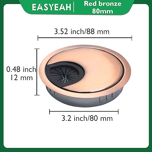 EASYEAH 1 Pcs Desk Grommet 3-1/8" / 80 mm, Desk Cord Hole Cover, Cable Grommet Metal Zinc Alloy Materilal, Desk Hole Grommet for Home & Office Pc, Detachable Cable Cord Organizer-Copper Red