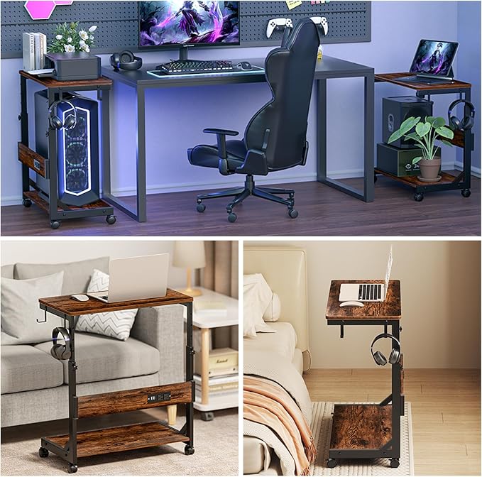 Height Adjustable Computer Tower Stand with Charge Station and USB Charging Port, 2-Tier ATX-Case Cart, Under Desk Mobile PC Stand, CPU Holder Cart with Locking Caster Wheels for Fits Most PC
