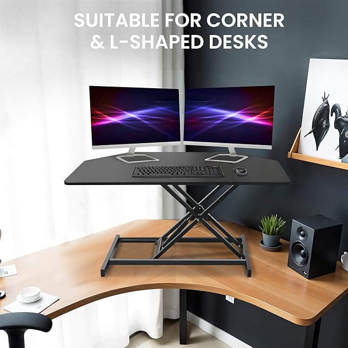 Aconcept 36 inch Black Corner Height Adjustable Standing Desk Converter, One-Click Sit to Stand up Desk Riser, Pre-Assembled for Dual Monitor and Laptop Workstation