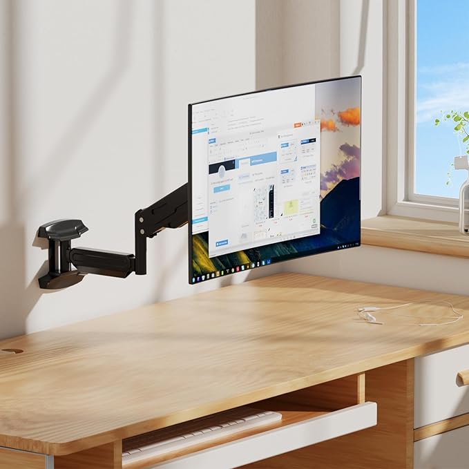 Suptek Single Wall Mount Monitor for 13-32 Inch Screens, Full Motion Adjustable Gas Spring Wall Mount Monitor Arm Holds up to 22lbs, VESA 75x75/100x100 Wall Mount, Black