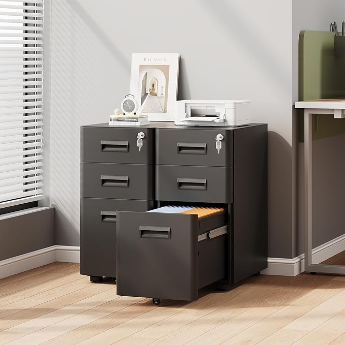 DEVAISE 3 Drawer File Cabinet with Lock, Under Desk Metal Filing Cabinet with Wheels for Home Office Organizer Letter/Legal/A4, Fully Assembled Except Casters, Black