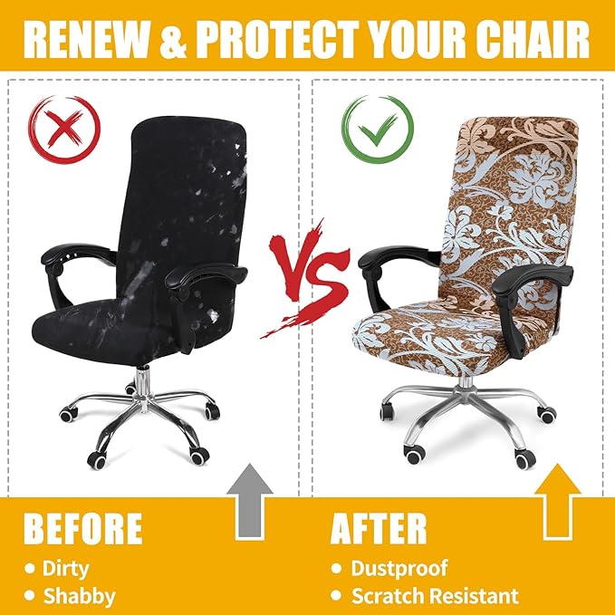 Smiry Stretch Printed Office Computer Chair Covers, Universal Desk Rotating Chair Slipcovers Removable Washable, Soft Fit Anti-Dust Spandex Protector Cover with Zipper, Brown and Blue
