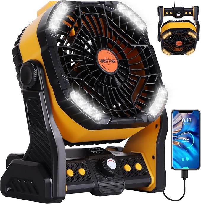 WESTTREE 20000mAh Camping Fan with LED Lantern USB Tpye C Rechargeable Battery Operated Outdoor Tent Fan with Light & Hook, 270° Pivot 4 Speeds, Personal USB Desk Fan for Camping Yellow X26A