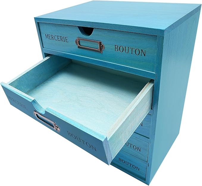 Wooden Drawer Organizer Storage Box with Label Holders Vintage Wood Desktop Organizer, Desk Drawer Unit Collectors Box for Living Rooms, Bedrooms, Offices (Blue, 1PC 5 Drawers)