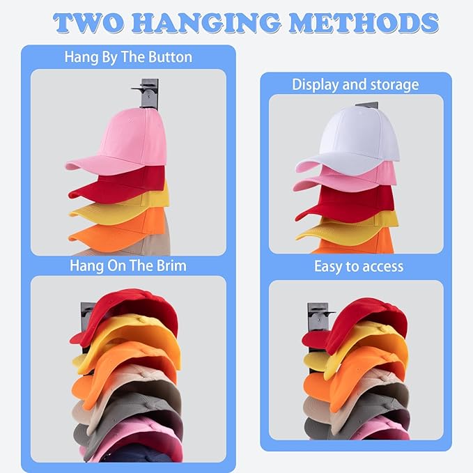 Hat Organizer for Baseball Caps, 2 Pack Hat Rack for Wall Hold up to 18 Hats Strong Adhesive Hat Hooks Stand Multilayer Hat Hanger Organizer Storage Holder Display for Door Closet Bedroom(Black)