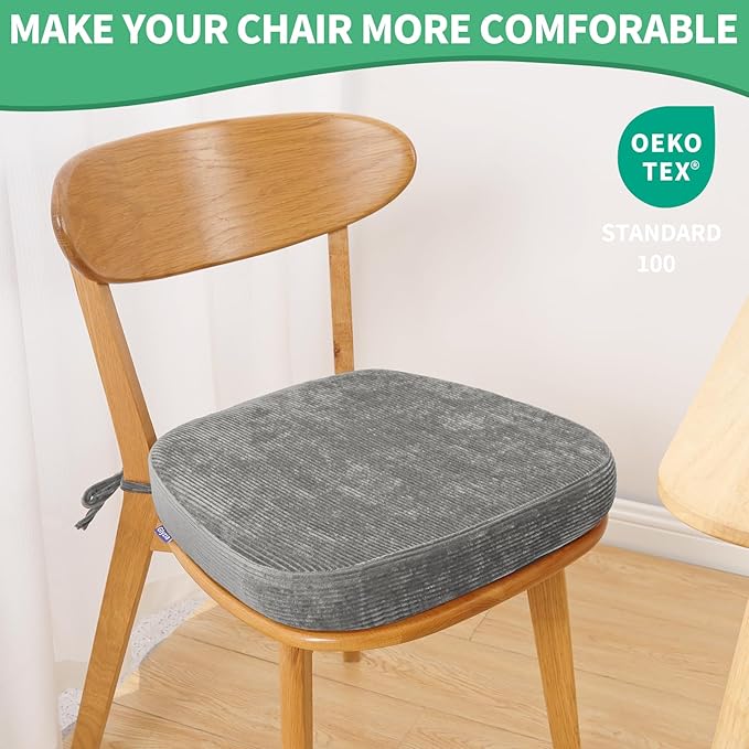 2.5" Thick Chair Cushions for Dining Chair, Corduroy High Density Foam Kitchen Chair Pads, U Shaped Indoor Seat Cushions with Ties & Non-Slip Backing, Washable Cover, 17''x16.5'', Grey