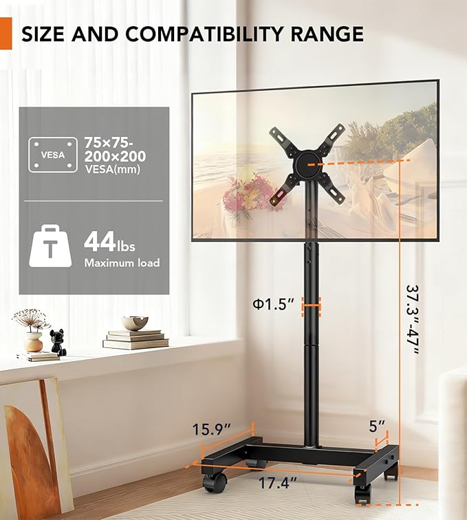 Mobile TV Floor Stand for 13-50 inch LCD LED Flat/Curved Panel Screen TVs up to 44 lbs, Height Adjustable TV Stand Mount with VESA 200x200, Portable TV Stand with Tilt Function HT1007BM