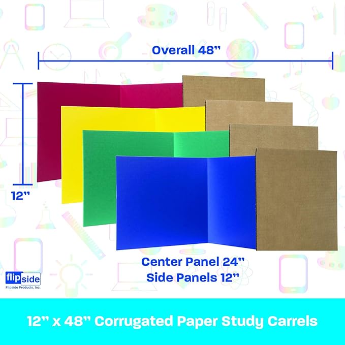 Flipside Products 12”x 48” Assorted Color Study Carrel, Red, Green, Blue, Yellow Privacy Boards, Student Privacy and Focus Booth for The Classroom, Desk Divider Cubby for Tests, Made in USA - 24 Pack