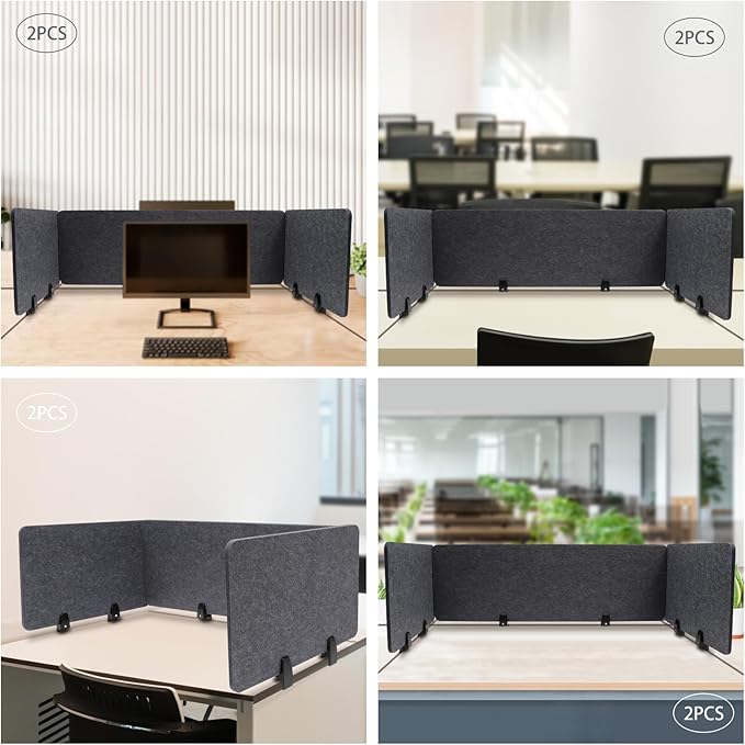 Desk Dividers, Clamp-On Mounted Acoustic Tabletop Privacy Screen - Reduce Noise & Visual Distraction, Polyester Fiber Office Cubicle Public Place Partition, 2x47.25" & 4x23.6" Panels, Anthracite Grey