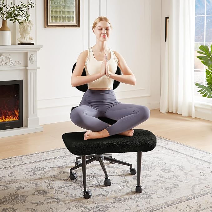 Pinmoco Ergonomic Cross Legged Chair for ADHD, Meditation Chair with 360° Swivel Wheels, Kneeling Office Chair with Back Support, Strong Lumbar Support, Teddy Fabric, Black