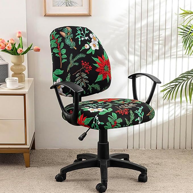 VIOKKO Office Chair Cover Stretchable Computer Desk Chair Seat Covers 2 Piece Waterproof Swivel Chair Protective Slipcover (Christmas Flower)