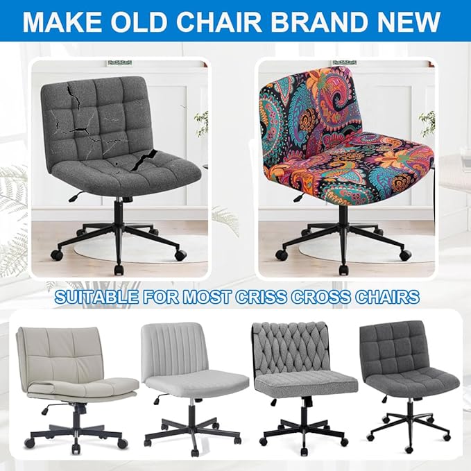 Levoberg Armless Criss Cross Office Desk Chair Cover Slipcovers Printed Vanity Desk Chair Covers Armless Cross Legged Wide Chair Covers Accent Mid Back Wide Swivel Task Chair Protector #13