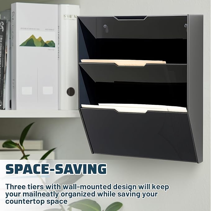 Chunful 3 Tier Mail Sorter Letter Wall Holder Black Acrylic Wall Mounted Mail Organizer Hanging File Envelope Pocket Plastic Mount Document Holder for Home Office Entryway