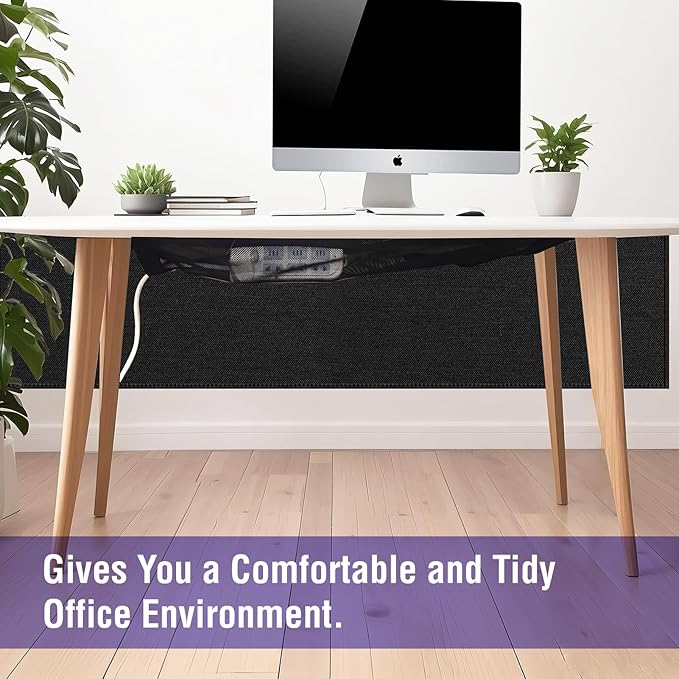 14.9 x 60 Inch Under Desk Privacy Panel with Cable Management Net Desk Skirt Modesty Desk Panel Self-Gripping Straps for Office and Home