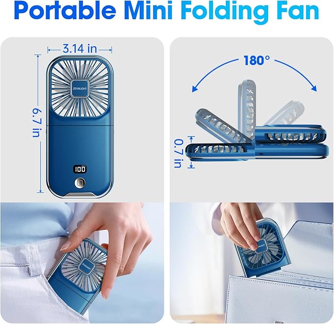 USB Rechargeable Upgraded 5-in-1 Portable Handheld Fan, Necklace Fan, Desk Fan, Foldable Phone Stand, 4 Speeds Airflow, Quiet Personal Fans with LED Digital Screen (Blue)