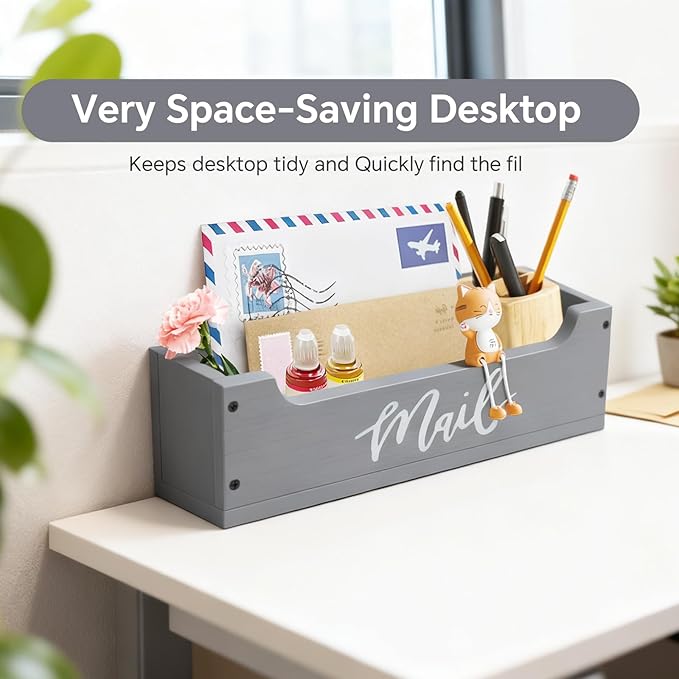White Wooden Mail Organizer Countertop (Grey + White)