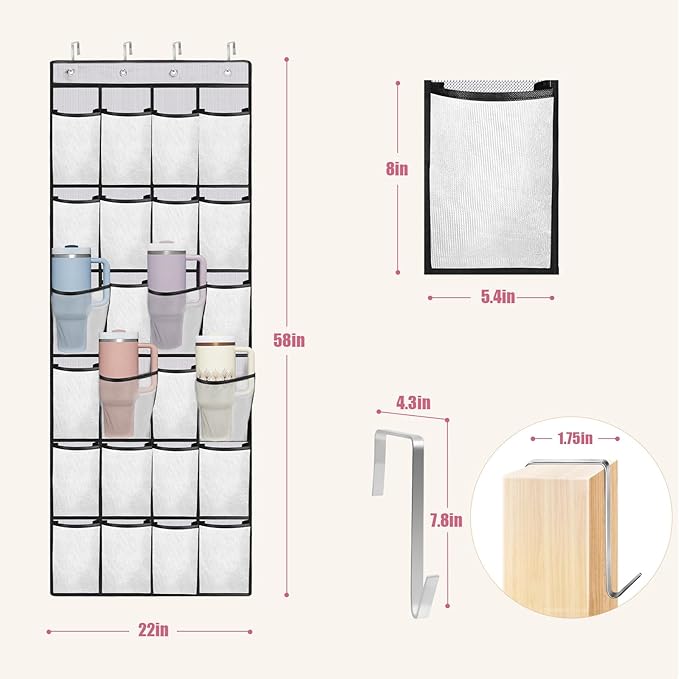 Cup Organizer for Stanley Cup, 24 Pockets Large Capacity Cups Holder for Stanley Tumbler, Portable Foldable Hanging Bag for Cabinet Wall Door RV, Kitchen Storage Accessories for Stanley Cup White