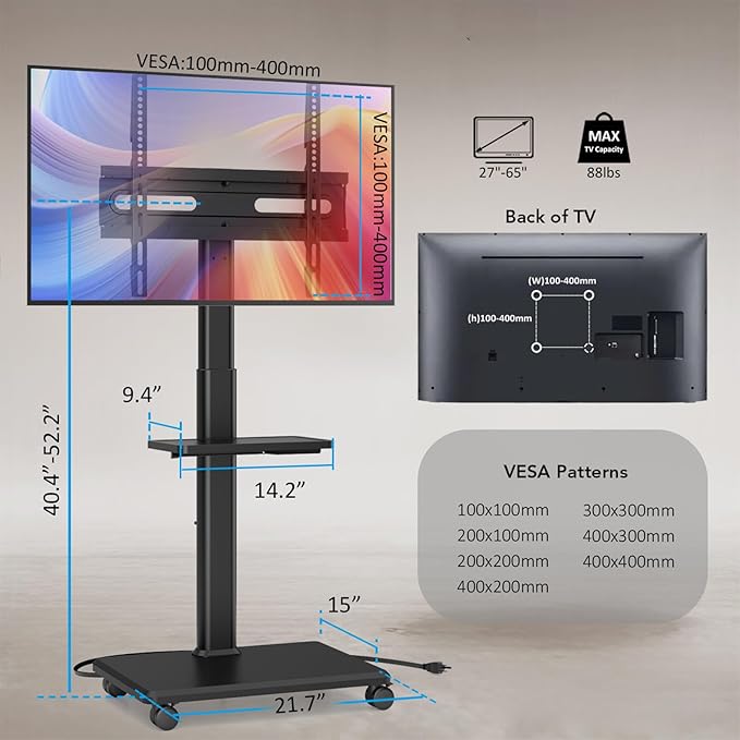 AX WABER Mobile TV Stand with Power Outlets&Shelf, Floor Portable TV Stand with Wheels for 27-65Inch LCD LED OLED Flat/Curved Panel Screen, Swivel,Height Adjustable&Wood Base, RollingTV Cart Black