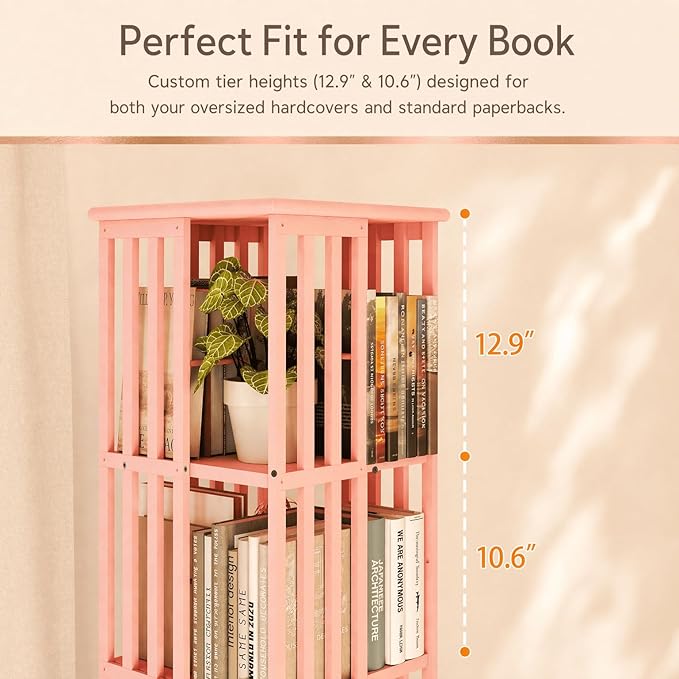Lauxery Rotating Bookshelf Tower– 6 Tier 360° Spinning Bookshelf | Space-Saving Floor Standing Bamboo Revolving Bookcase for Small Space, Home Offices & Reading Corners |Pink