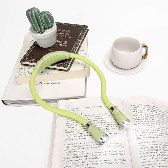 LED Neck Book Light, Reading Light, USB-C Rechargeable, Hands Free, 4 Super Bright LED Bulbs, 3 Adjustable Brightness, Best for Reading in Bed, Knitting, Walking, Jogging, Mending (Green)