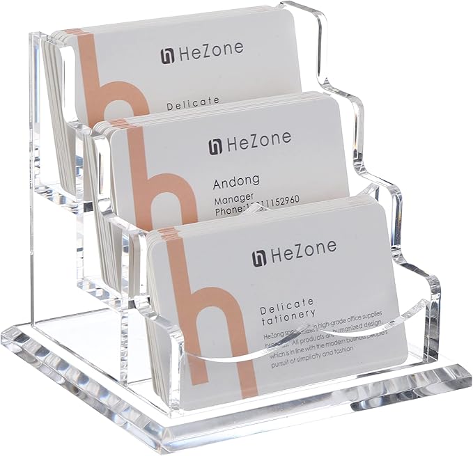 HeZone Business Card Holder for Desk 3 Slots 3 Tier, Clear Acrylic Cards Display Stand, Cards Organizer for Women and Men, Hold 150 Cards-Horizontal 3 Slots