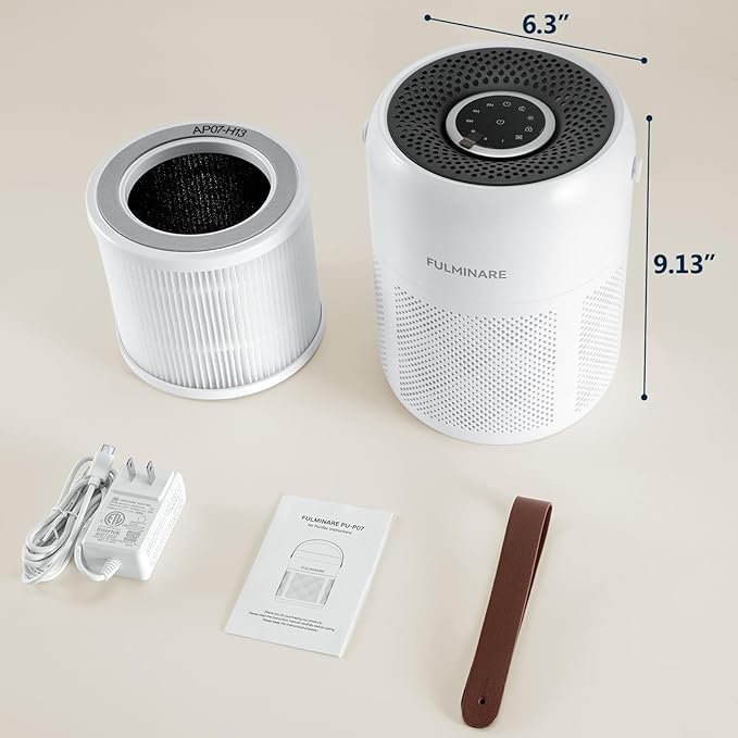 FULMINARE Air Purifiers for Home Bedroom Up to 680 Ft², with H13 HEPA Air Purifier, 360° Intake for Pet Hair, Smoke, Odors. Features 3 Speeds, Timer, 24dB Quiet & Night Light, (White)