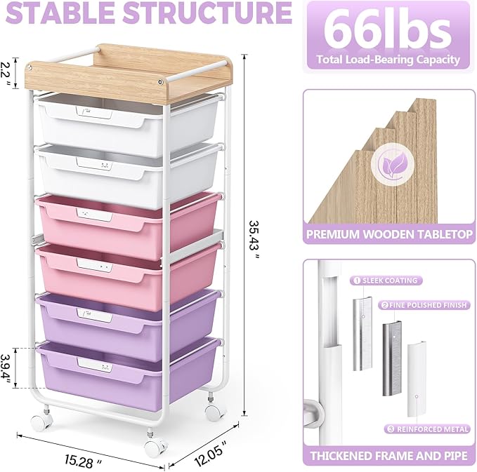 SYKIARIOL Rolling Cart with 6 Drawers,Utility Storage Cart with Drawers,Art Craft Organizers and Storage,Makeup Organizer with Wooden Tabletop,Purple