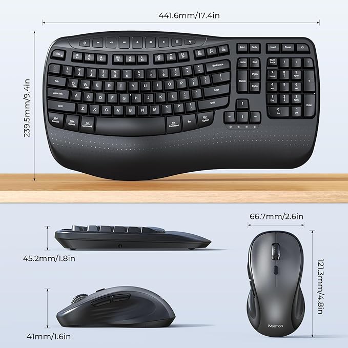 MEETION Ergonomic Keyboard and Mouse, Wave Keys Natural Typing, 2.4G USB Receiver Wireless Keyboard with Wrist Rest, 4 Adjustable DPI Optical Mouse, Computer/Laptop/Windows/Mac, Black