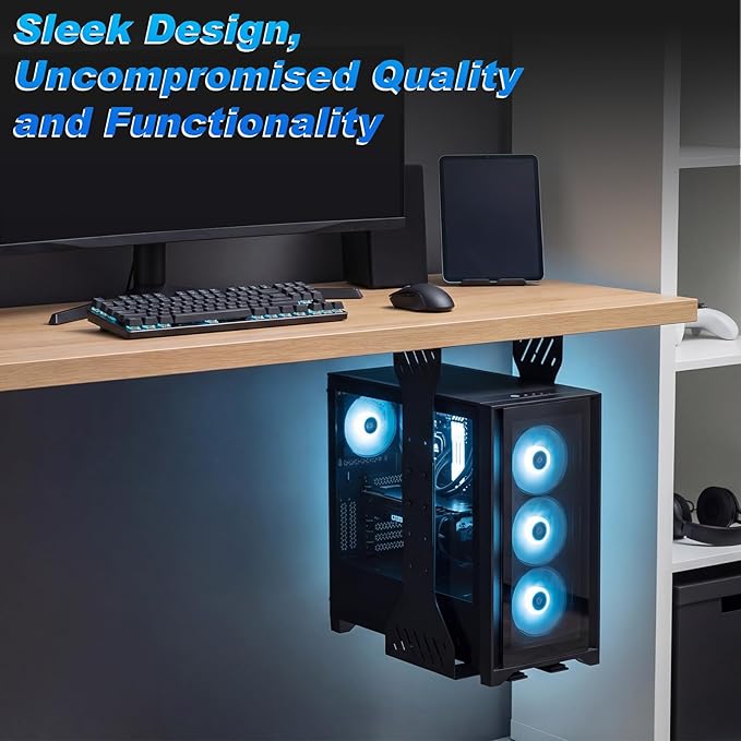 Heavy Duty Adjustable Under Desk PC Holder 7.5 to 12 Inch Wide, Supports up to 80 Lbs Load Capacity, Under Desk PC Mount, Wall Mount Space Saving Computer Case Tower Holder (Black)