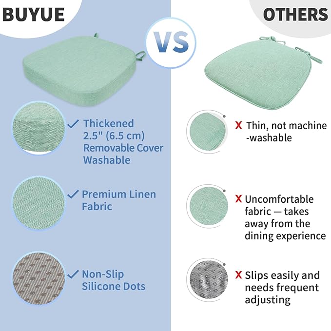 BUYUE Thickened 2.5" Dining Chair Cushions Set of 6, U-Shape High Density Foam Comfortable Chair Pads for Kitchen, Slip Resistant Indoor Seat Cushions (6 PCS, Light Green)