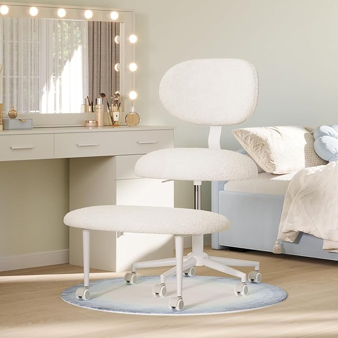 Pinmoco Ergonomic Cross Legged Office Chair with Wheels, ADHD Chair for Adults, Meditation Chair, Yoga Office Chair, Comfortable Back Support, Height Adjustable,Small Spaces, Teddy Fabric, White
