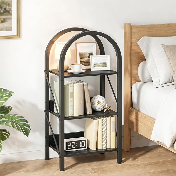 HOOBRO Bookshelf, 3-Tier Arched Bookshelf, Industrial Bookcase with Metal Frame, Book Shelf Storage Organizer for Living Room, Office, Bedroom, Black BB423SJ01
