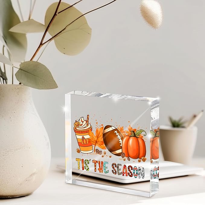 Thanksgiving Day Home Decor Sign - Tis The Season Acrylic Tabletop Decor with Fall Harvest Thanksgiving Artwork, Perfect for Dining Table, Office or Mantel, 4x4 Inches