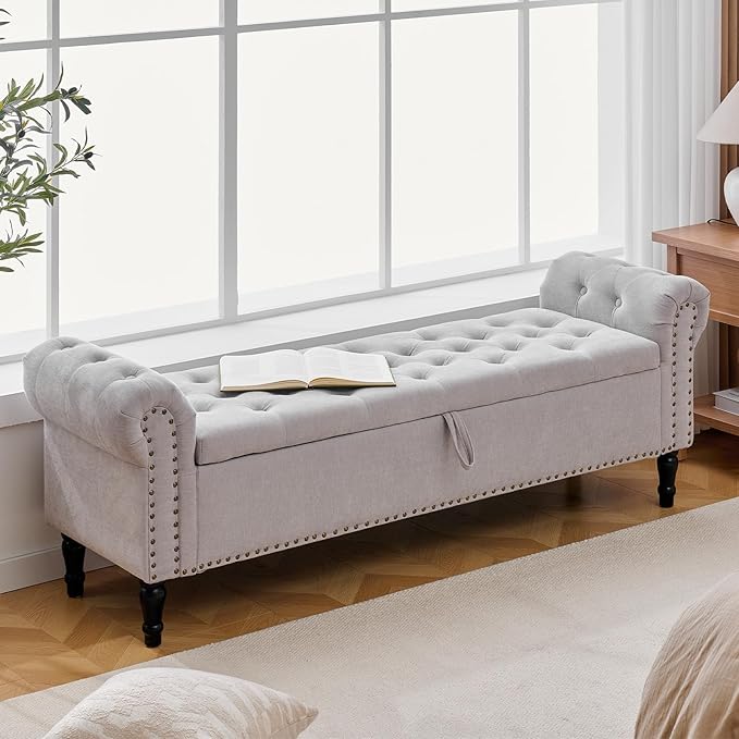 67'' End of Bed Bench King Size, Storage Bench for Bedroom End of Bed, Upholstered Tufted Storage Ottoman Benches with Arms for Living Room, Entryway, Windows, Light Grey