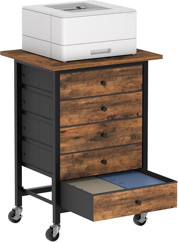 MAHANCRIS 5 Drawer File Cabinet,Rolling Filing Chest Cabinet with Wheels, Under Desk Storage Organizer, Printer Stand with Non-Woven Fabric Drawer, for Home Office, Study, Rustic Brown FCHR4801