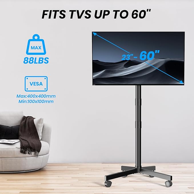 Mobile TV Cart Rolling TV Stand for 23-60 Inch LCD LED Flat Curved Screens up to 88 lbs - Height Adjustable Portable TV Stand on Wheels - Outdoor TV Stand Mount, Max VESA 400x400mm, Black