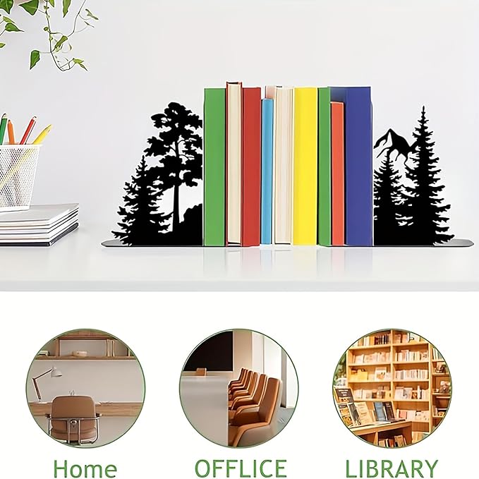 Forest Metal Bookends for Shelves, Serene Forest Decorative Book Ends, Heavy Duty Rustproof Book Stoppers for Home Office & Study Desk, Ideal Gift for Nature Lovers & Book Lovers