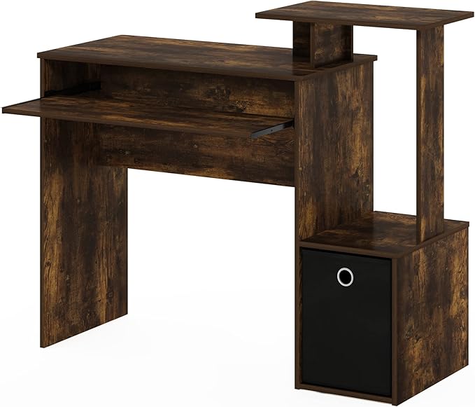 Furinno ECON Desk, 40" Gaming Desk with Keyboard Tray, Computer Desk, Office Desk with Side Shelves and Storage Bin, 40-Inch, for Home Office, Study Room, Dorm, Amber Oak