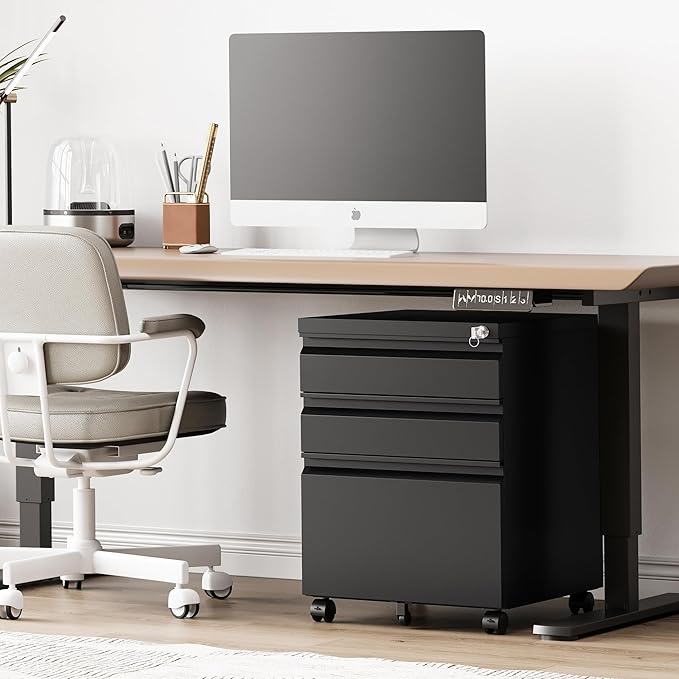 RAVIGIN 3 Drawer File Cabinet,Mobile Filing Cabinet with Lock and Wheels,Un-Assembled Metal Under Desk File Cabinets for A4/Letter/Legal Size(Black