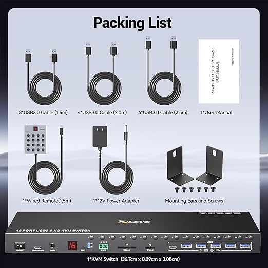 16 Ports KVM Switch HDMI 4K@60Hz EDID Simulation,1U Rack Mount USB 3.0 HDMI KVM Switch for 16 Computers/Servers, with 6 USB3.0 Port,TF/SD,Audio RS232, Wired Remote & 12V Power + 16 USB Cable Included