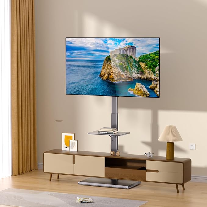 Afaloona Universal Floor TV Stand, TV Floor Mount Stand with Power Outlet & Removable Shelf for 32-75 inch TV up to 110 lbs, Swivel and Height Adjustable Tall TV Stand for Bedroom(TCP01-2-M-A01)