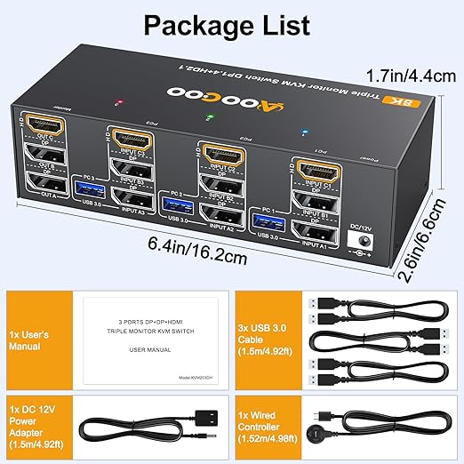 8K@60Hz HDMI Displayport KVM Switch 3 Monitors 3 Computers 4K@144Hz Triple Monitor KVM Switches with USB 3.0 Port,Wired Remote,Power Adapter and USB3.0 Cables(16.2 cm 3 PC 3 Monitor 8K KVM)