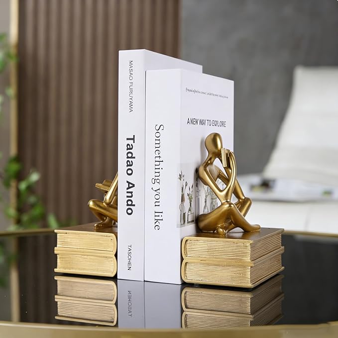 Heavy Duty Book Ends for Shelves, Thinker Bookends Set of 2 Decorative Book Ends for Heavy Books, Modern Unique Shelf Decor for Home Office Living Room Desk