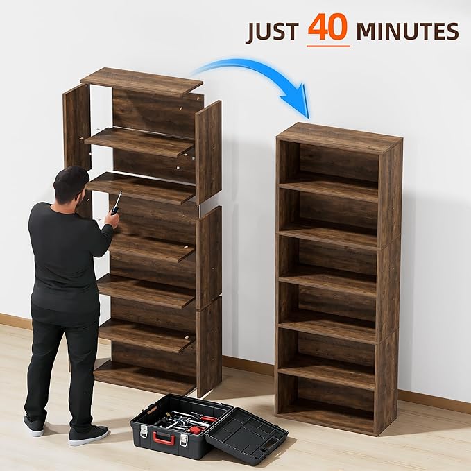 Furniwell 71" Tall Bookcase Bookshelves, 6 Tier Floor Standing Bookcases Open Frame, Modern Display Storage Organizer for Home Office, Living Room, Bedroom, Study Room (Brown, 1 Pcs)