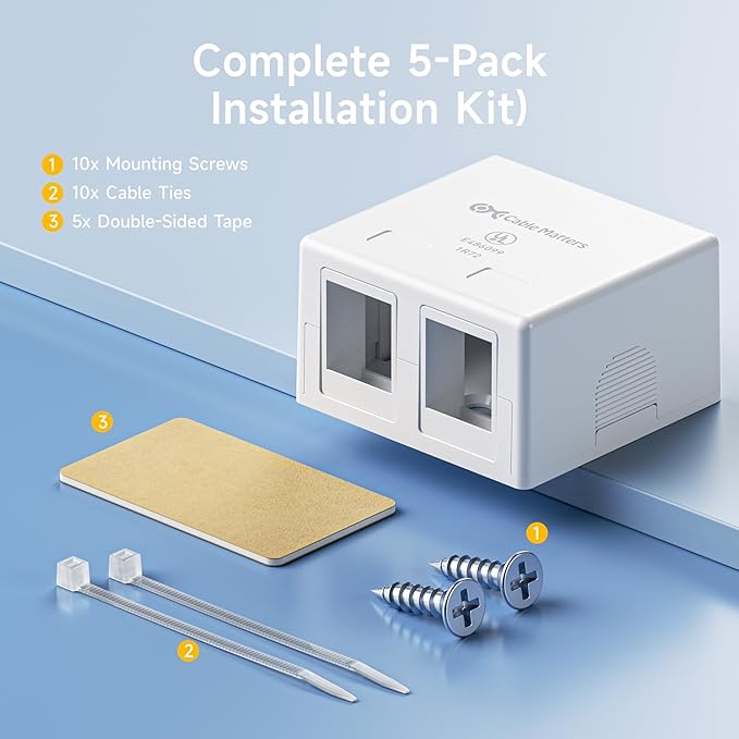 Cable Matters UL Listed 5-Pack 2-Port Keystone Jack Surface Mount Box in White